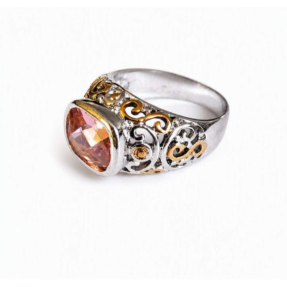VTG Style Signed 18KGE Ornate Filigree Faceted Pink Glass Stone Ring Size 8.5